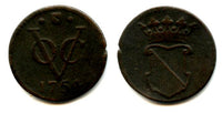 Rare and high quality Utrecht issue copper 1/2 duit issued by VOC (the Dutch East India Company), 1754, Dutch East India (KM#112.1)
