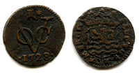 Mint error with clashed dies - early copper duit with reverse inscriptions, issued by VOC (the Dutch East India Company), .1728., Zeeland coinage, Netherlands East Indies (KM #150)