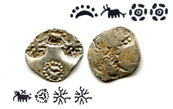 Extremely rare two-sided type! Silver punchmarked 1/2 karshapana from Cheitya Janapada overstruck on an older type, ca.400-300 BC, Ancient India
