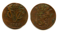 Scarce denomination! Copper 1/2 duit issued by VOC (the Dutch East India Company), 1751, Dodrecht mint, Holland coinage, Dutch East Indies (KM #72)