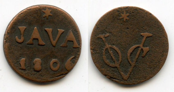 High quality and rare date! Copper duit issued by VOC (the Dutch East India Company), 1806, Java, Netherlands East Indies (KM #220)