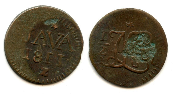 Rare large brass 1/2 stuiver, Louis Napoleon Bonaparte (1806-1810), Java, 1811, Dutch East Indies (KM #228)