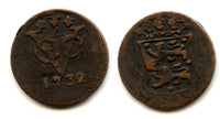 Rare early type with a curved shield - West Friesland issue copper duit issued by VOC (the Dutch East India Company), 1732, Dutch East India (KM#132)