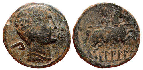 Spectacular large bronze AE29 from Bilbilis, ca.100 BC, autonomous city coinage of the Roman Spain