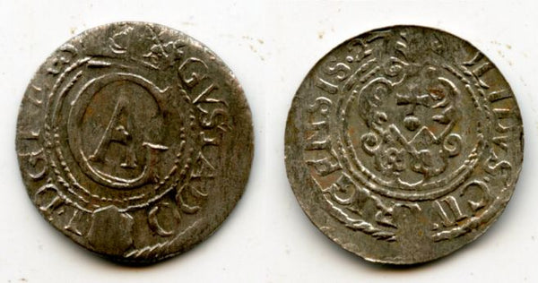 Silver solidus (shilling) of Gustav Adolph (1611-1632), date 27 (for 1627) on reverse, Riga, Livonia, Swedish Occupation (KM #9)