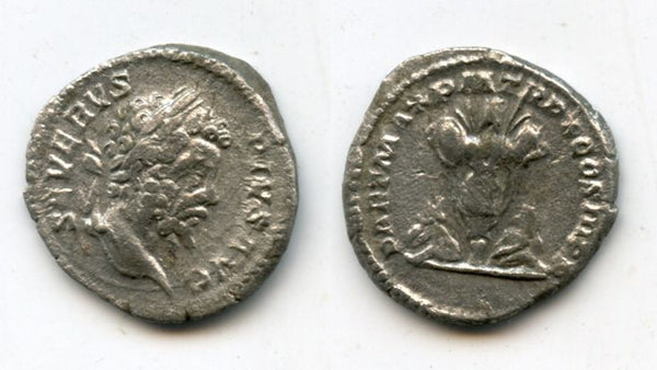 Silver denarius of Septimius Severus (193-211 AD), "trophy" type, Rome, Roman Empire