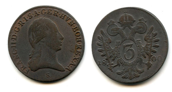 High quality 3 kreuzer, 1800-S, Franz II (1792-1835), Hall mint in Tyrol, Austria