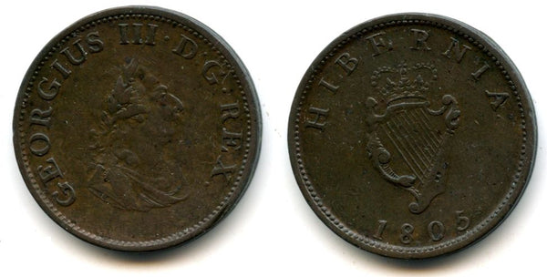 Large copper 1/2 penny, George III, 1805, British coin struck for Ireland
