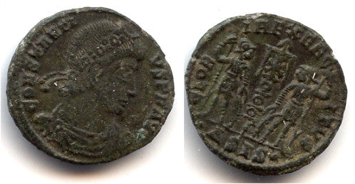 GLORIA EXERCITVS AE3 of Constantus II (337-361 AD), with early Chrisitian chi-rho symbol, Siscia mint, Roman Empire