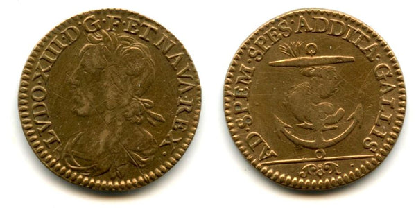 Nice brass token (AE21) of Louis XIII (1610-1643), undated type, France - "dolphin and anchor" type