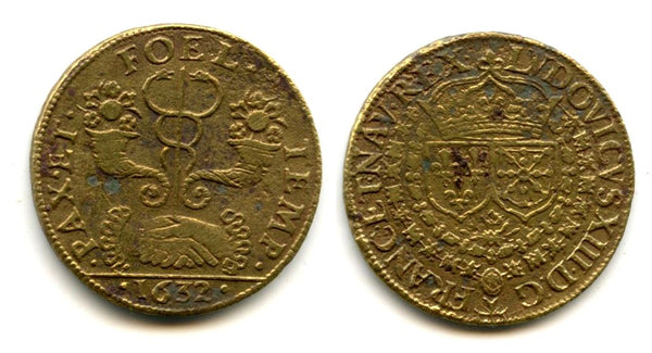 Nice brass token (AE24) of Louis XIII (1610-1643), dated 1632, France - "caduceus and cornucopeas" type