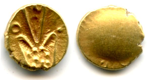 Gold Kali fanam, 1600-1700's, India - native issue copying British Madras fanams