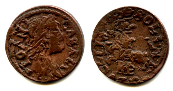 Copper solidus, 1665, Johann II Casimir (1648-68), Polish-Lithuanian Commonwealth (KM #50)