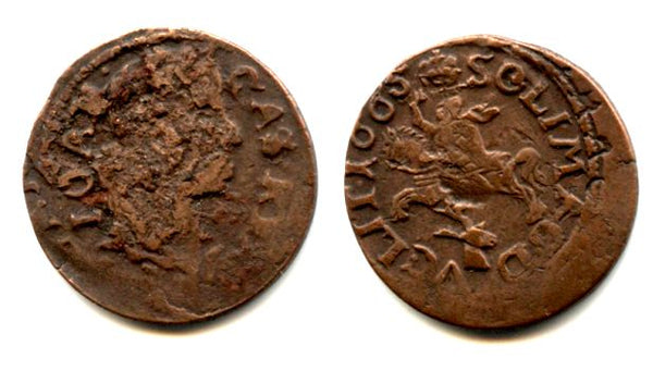 Nice copper solidus (schilling or szelag) dated 1665, Johann II Casimir (1648-1668), King of Poland and a Grand Duke of Lithuania - Lithuanian horseman type, TLB/"stag's head" (KM #50)