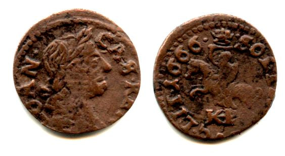Nice copper solidus (schilling or szelag) dated 1666, Johann II Casimir (1648-1668), King of Poland and a Grand Duke of Lithuania - Lithuanian horseman type, TLB/KHPL monogram (KM #50)