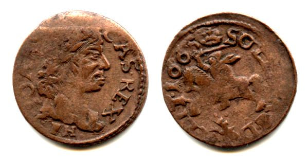 Rare mintmark! Nice copper solidus (schilling or szelag) dated 1666, Johann II Casimir (1648-1668), King of Poland and a Grand Duke of Lithuania - Lithuanian horseman type, GFH/"stag's head" (KM #50)