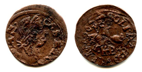 Nice copper solidus (schilling or szelag) dated 1664, Johann II Casimir (1648-1668), King of Poland and a Grand Duke of Lithuania - Lithuanian horseman type, TLB/KHPL (KM #50)
