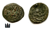Copper Golden Horde pul with a "castle" countermark by the Genoese in Caffa , ca.1300-1400 AD (Retowski cmk #5)