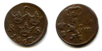 Large copper 1/6 ore of Carl XI (1660-1694), dated 1667, Avesta mint, Kingdom of Sweden (KM 254)