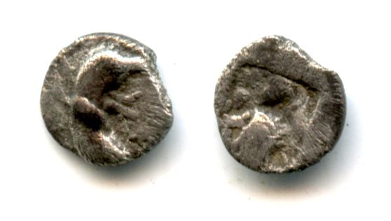 Ancient Greek silver 1/4 obol or tetartemorion, Teos, Ionia, ca. 540-478 BC - head of a griffin right , human figure on the reverse?