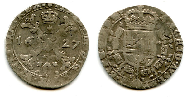 Nice silver 1/4 patagon, Phillip IV of Spain (1621-1665), dated 1627, Brabant, Spanish Netherlands