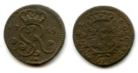 Nice copper gross (groschen) of Stanislaw II August (1764-1795), last King of the Polish-Lithuanian Commonwealth, early type (1765) with VG mintmark on obverse, Warsaw mint, Poland