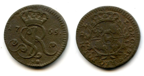 Nice copper gross (groschen) of Stanislaw II August (1764-1795), last King of the Polish-Lithuanian Commonwealth, early type (1765) with VG mintmark on obverse, Warsaw mint, Poland