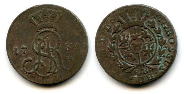 Nice copper gross (groschen) of Stanislaw II August (1764-1795), last King of the Polish-Lithuanian Commonwealth, EB mintmark, Warsaw mint, Poland