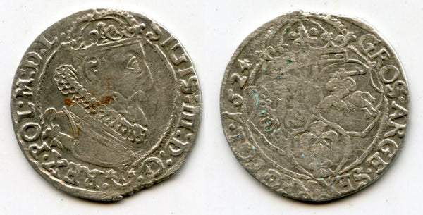 Large silver 6-groschen (1/5 thaler) of Sigismund III (1587-1632), 1624, Polish Royal issue, Polish-Lithuanian Commonwealth (KM#42)