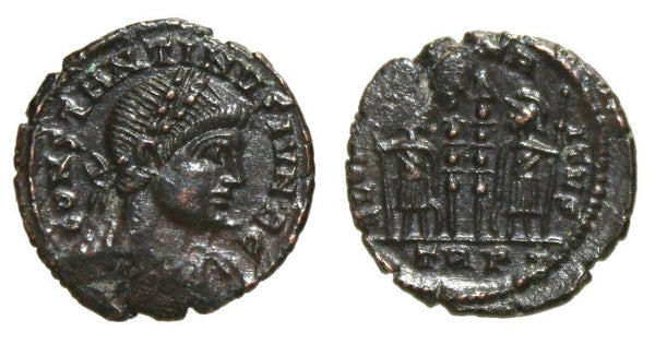 Ancient British barbarous Constantine II GLORIA EXERCITVS AE3, minted ca.330-348 AD - high quality imitation of the Trier issue (TRP¢ mintmark, pearl-diadem) from Dorchester (?) in Roman Britain