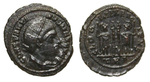 Ancient British barbarous Constantine "The Great" GLORIA EXERCITVS AE3, minted ca.330-348 AD - high quality imitation of the Trier issue (TRP mintmark) from Dorchester (?) in Roman Britain
