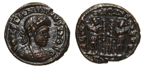 Ancient British barbarous Constantine II GLORIA EXERCITVS AE3, minted ca.330-348 AD - high quality imitation of the Trier issue (TRS¢ mintmark) from Dorchester (?) in Roman Britain