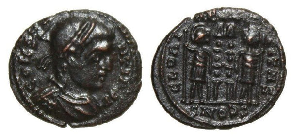 Ancient British barbarous Constantine II GLORIA EXERCITVS AE3, minted ca.330-348 AD - high quality imitation of the Arelate issue (retrograde SCONS mintmark) from Dorchester (?) in Roman Britain