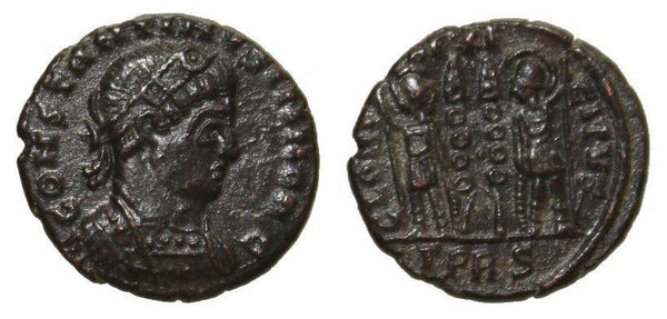 Ancient British barbarous Constantine II GLORIA EXERCITVS AE3, minted ca.330-348 AD - high quality imitation of the Trier issue (TPRS mintmark, pearl-diadem) from Dorchester (?) in Roman Britain