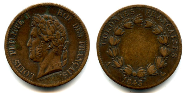 Scarce large colonial 5 cents, dated 1843, Louis Phulippe (1830-1848), Paris mint for circulation in the West Indies