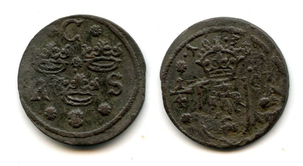 Rare large copper 1/4 ore of Christina (1632-1654), dated 1635, Nykoping mint, Kingdom of Sweden (KM 152.2)