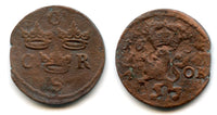 Rare large copper 1/4 ore of Carl X Gustav (1654-1660), dated 1655, Avesta mint, Kingdom of Sweden (KM 211)