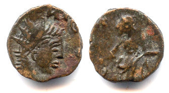 Ancient barbarous antoninianus of Tetricus II (minted ca.270-280 AD), Salus holding snake type, hoard coin from France