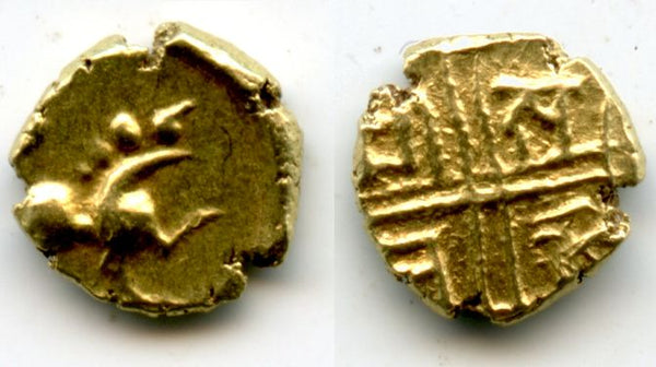 Superb and extremely rare gold lion-fanam with the legend in grid, Raja Sarabhaji I (1712-1728), Marathas of Tanjore (Thanjavur), India (Herrli 5.04.10)