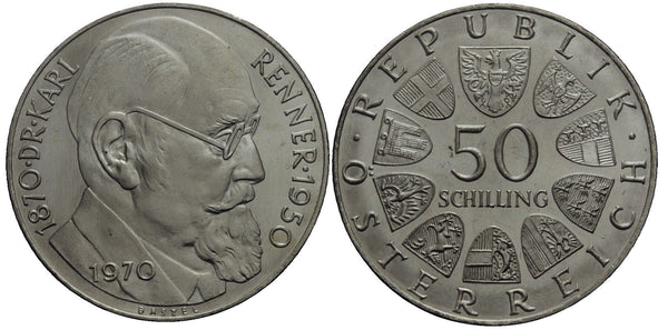 Austria - large silver 50 Schilling - Karl Renner - 1970