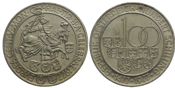 Austria - large silver 100-shilling - Hall in Tyrol - 1977