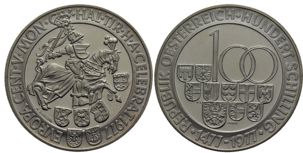 Austria - large proof silver 100-shilling - Hall in Tyrol - 1977