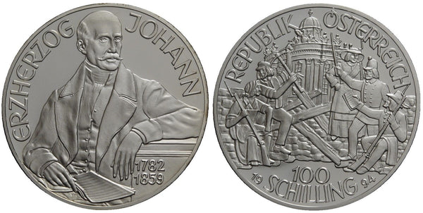 Austria - beautiful proof large silver 100-shillings in the original capsule - Archduke Johann - 1994