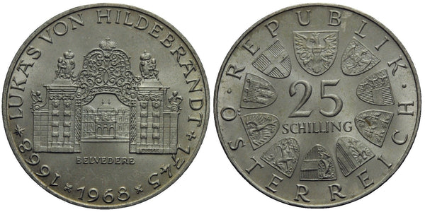 Austria - large silver 25-shilling - 300 year anniversary of the birth of Lukas von Hildebrandt - 1968