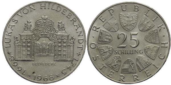 Austria - large silver 25-shilling - 300 year anniversary of the birth of Lukas von Hildebrandt - 1968