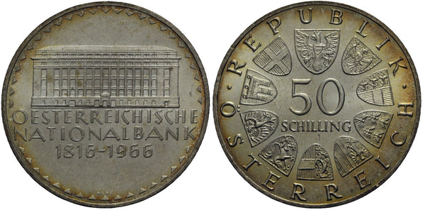 Austria - large silver 50-shilling - 150 years of the Austrian National Bank - 1966