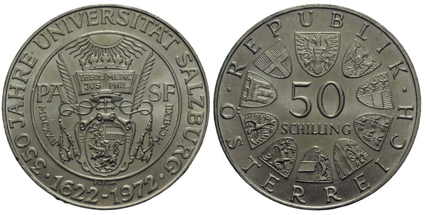 Austria - large silver 50-shilling - 350 of University of Salzburg - 1972