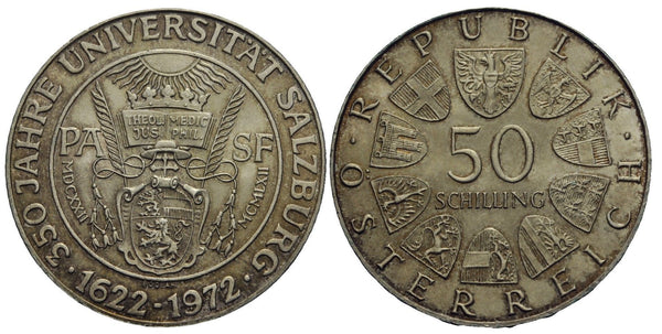 Austria - large silver 50-shilling - 350 of University of Salzburg - 1972
