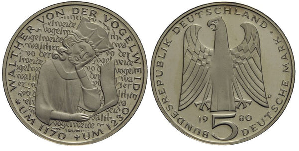 Germany - proof 5 marks in the original sealed mint packet - Walther von der Vogelweide - 1980-D