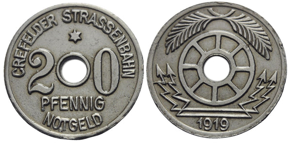 Notgeld (Emergency money) - Iron 20 pfennige, 1919, Crefelder Strassenbahn, Germany